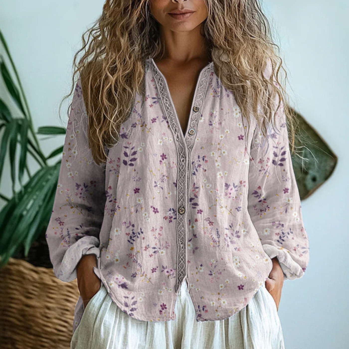 Blusa rosa claro de manga larga con botones y bordado en V, estampado floral