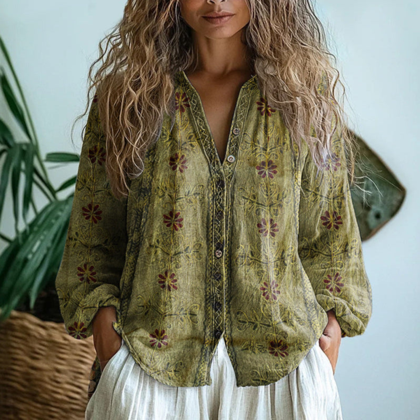 Blusa verde oliva de manga larga con botones y bordado frontal, estampado floral