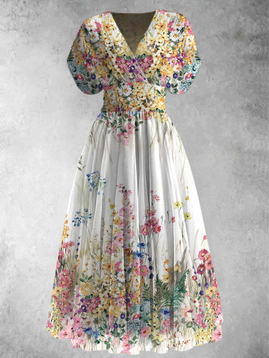 Rosalinda - Vestido Maxi Floral de Manga Corta