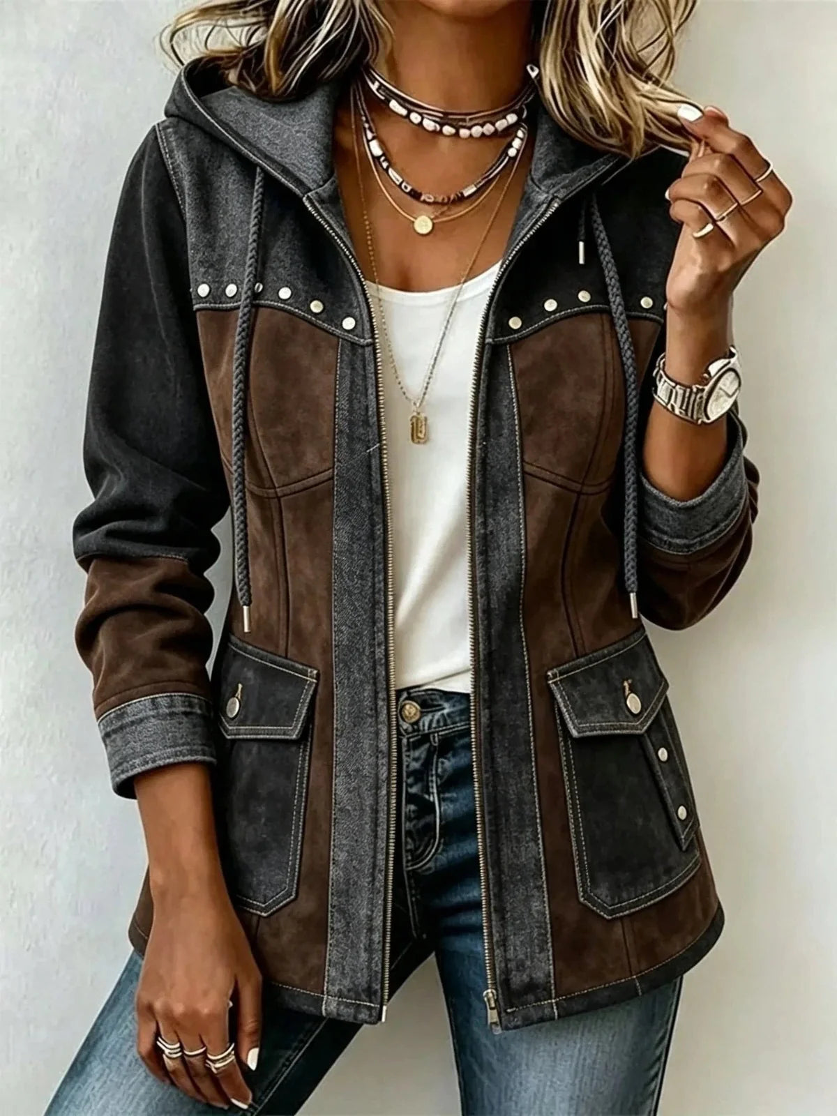Chaqueta con capucha patchwork negra y marrón, bolsillos delanteros con solapa