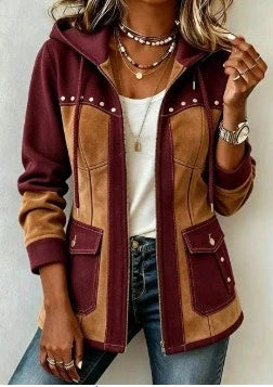 Chaqueta con capucha patchwork burdeos y marrón claro, bolsillos con solapa