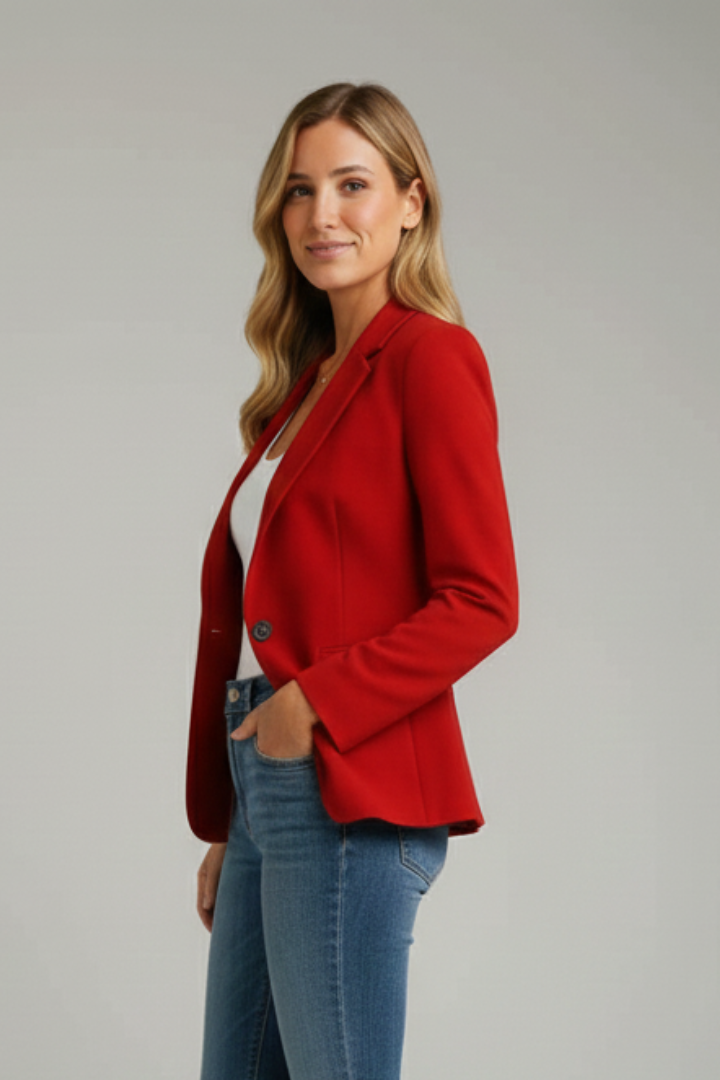 Blazer rojo para mujer con solapa muesca y botón único, vista lateral