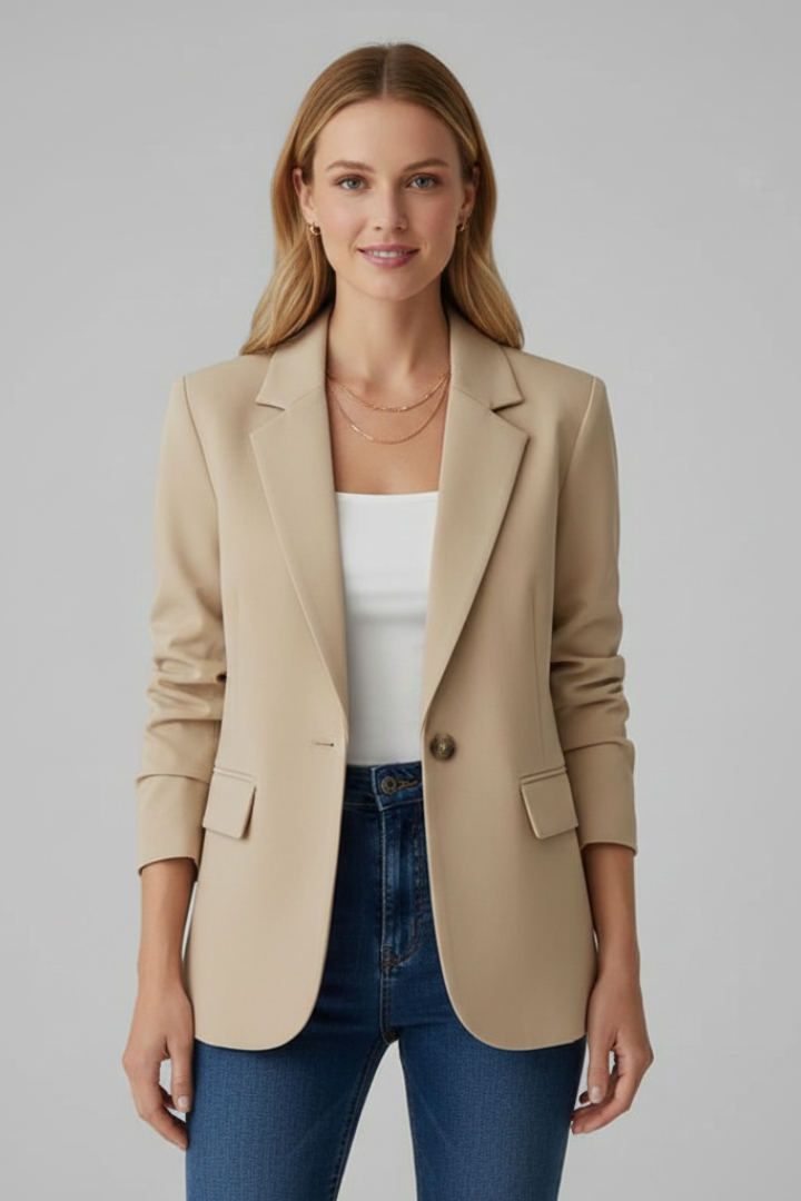 Blazer beige para mujer con solapa muesca, botón único y bolsillos delanteros