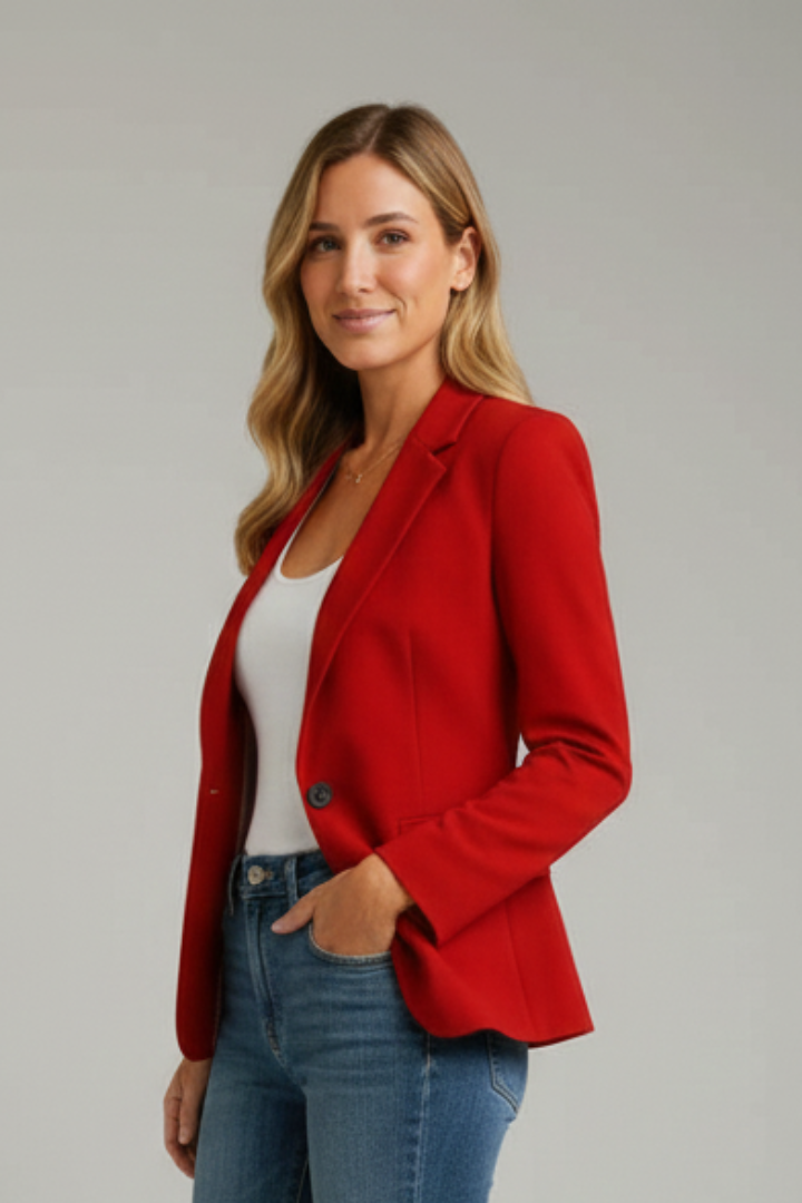 Blazer rojo para mujer con solapa muesca, botón único y bolsillos delanteros