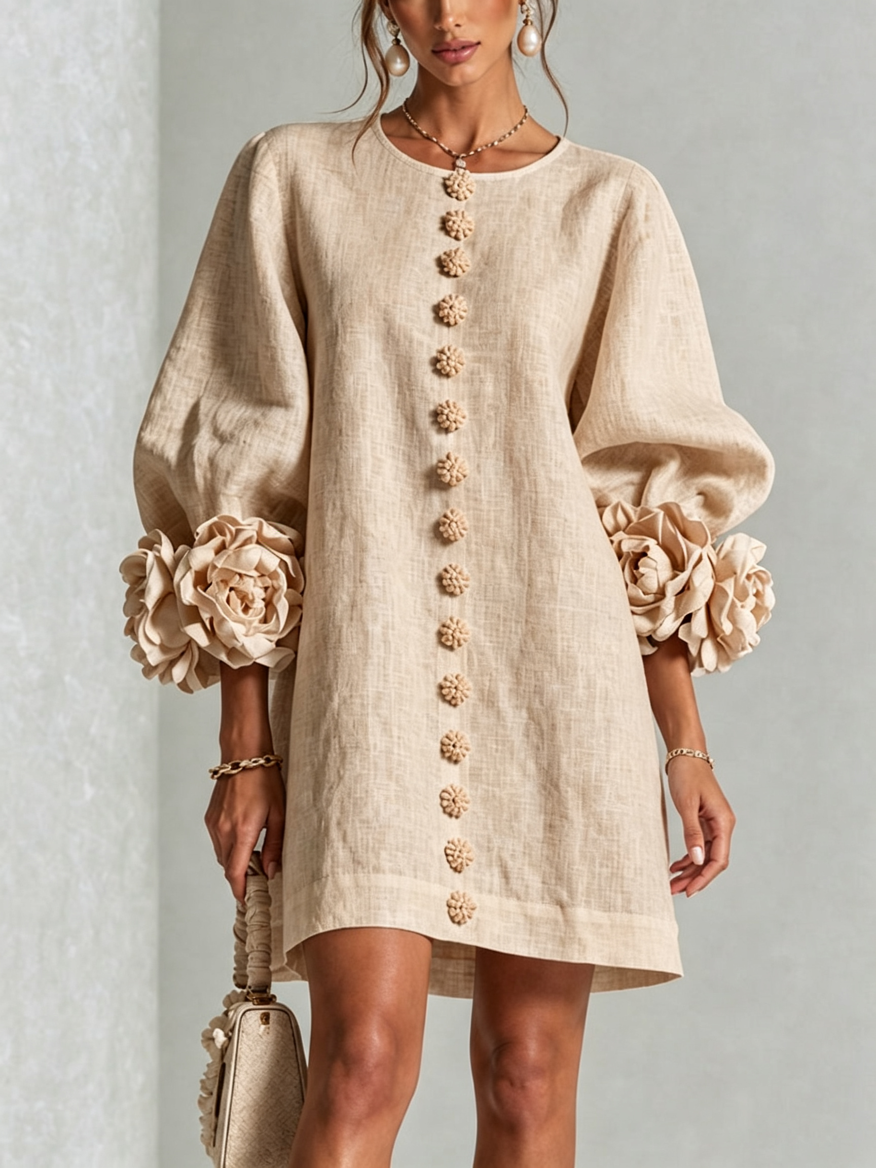 Vestido corto beige de lino, cuello redondo y botones decorativos verticales, mangas abullonadas