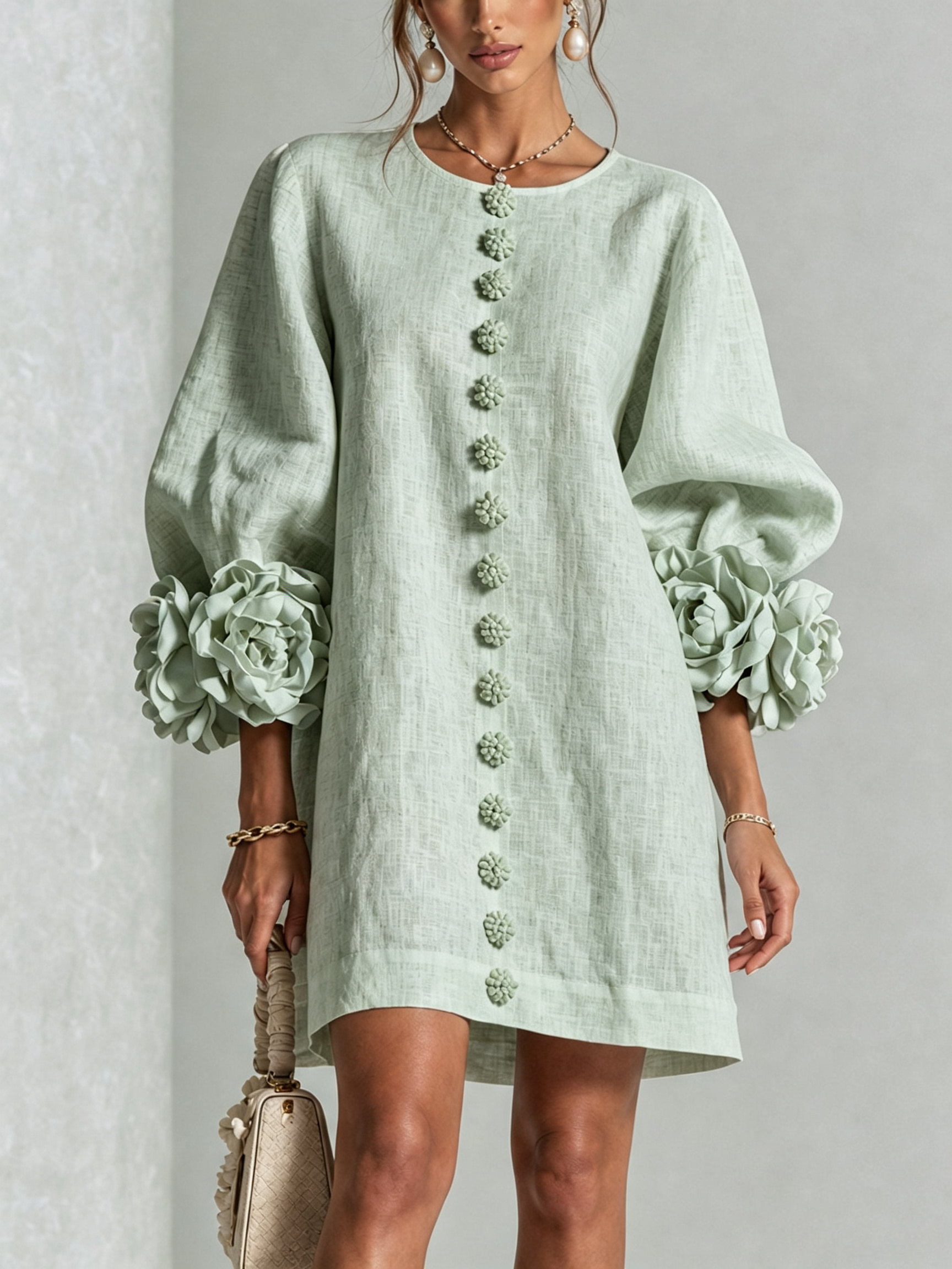 Vestido corto verde salvia de lino, cuello redondo, botones decorativos verticales y mangas abullonadas