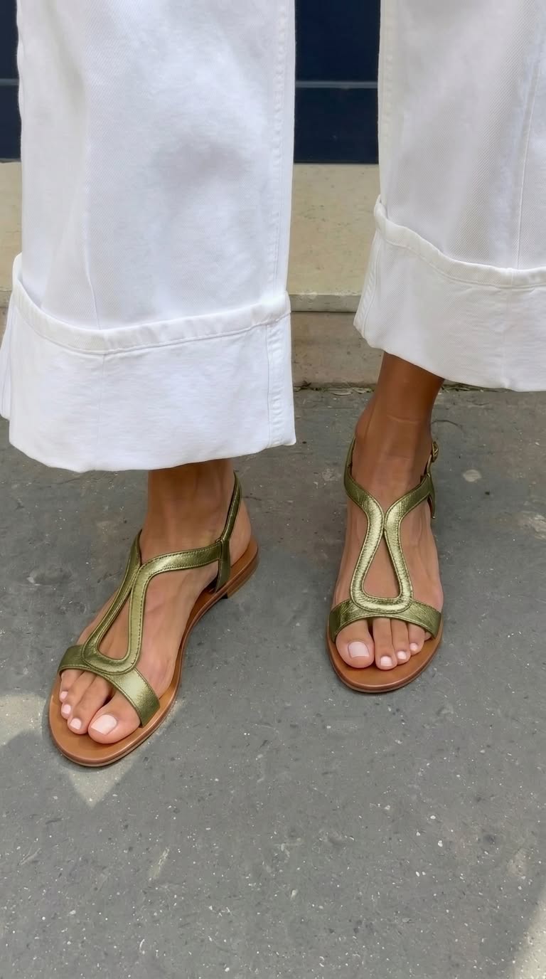 Sandalias planas verdes de tiras cruzadas con suela marrón