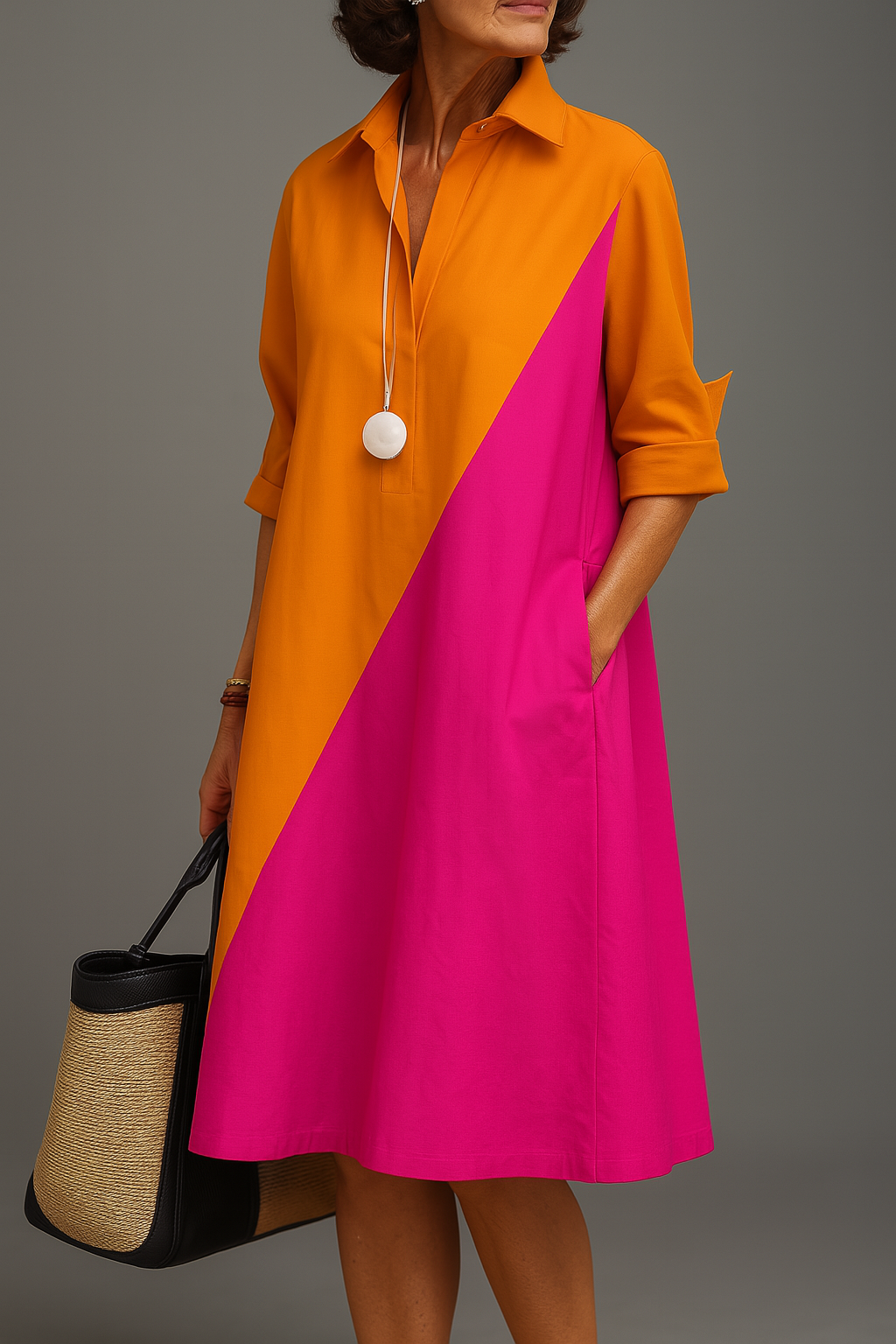 Vestido midi bicolor Olalla™ naranja y rosa, cuello camisero y manga larga