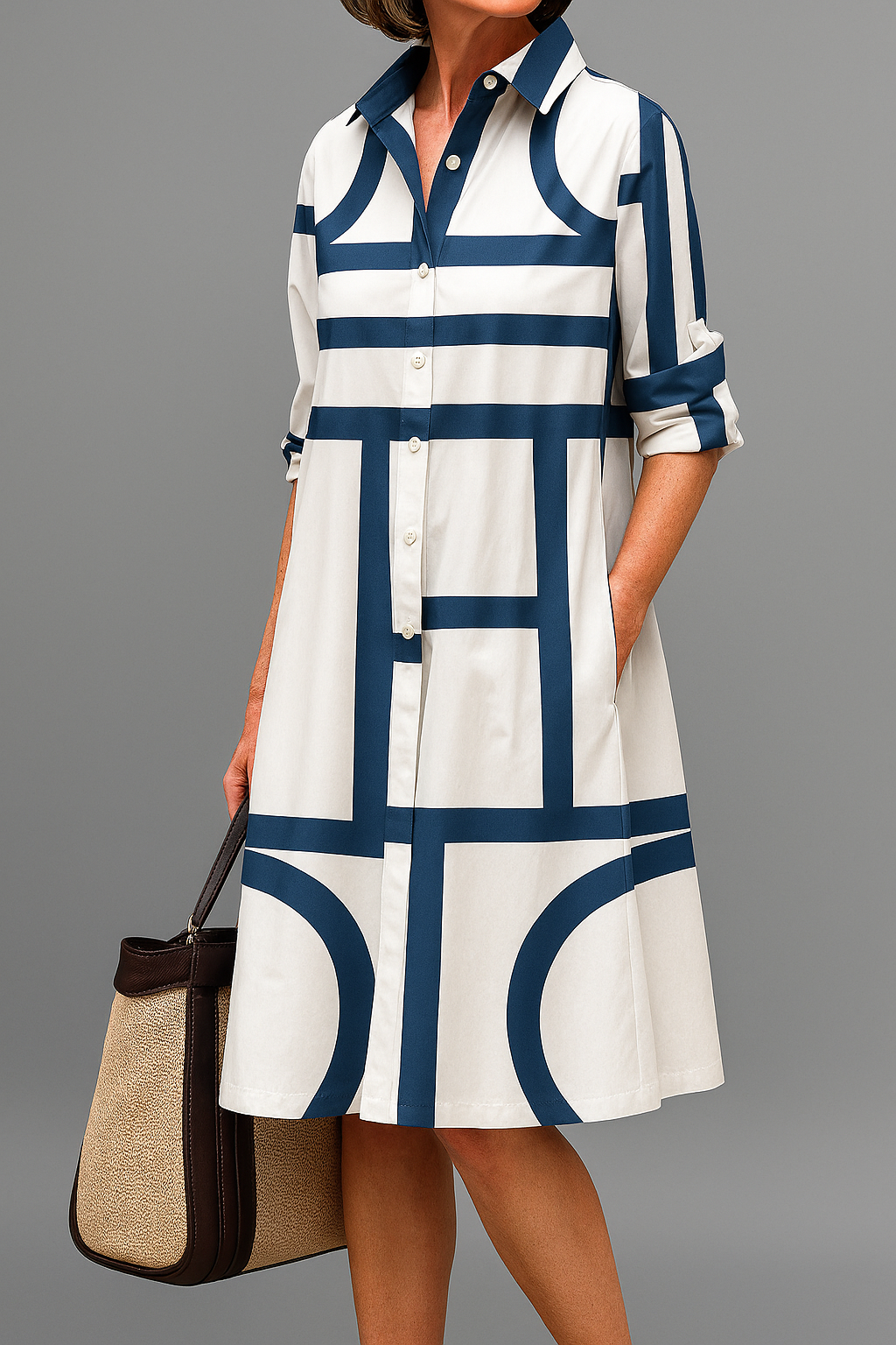 Vestido midi camisero de rayas azul marino y blanco, con botones y mangas 3/4