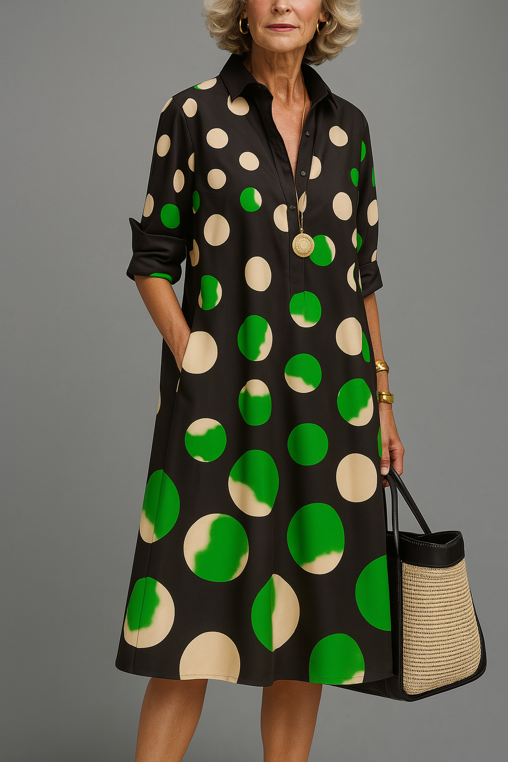 Vestido midi negro con lunares verdes y crema, cuello camisa y manga 3/4
