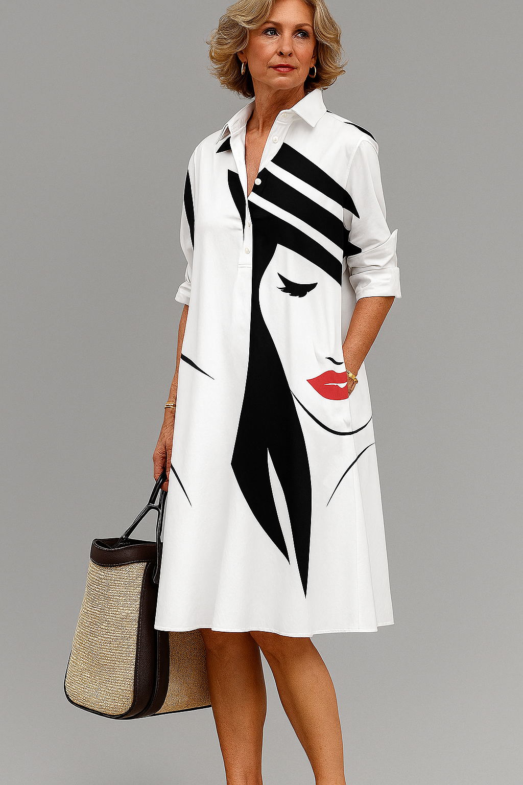 Honorata™ vestido midi blanco con estampado negro tipo rayas y detalle gráfico