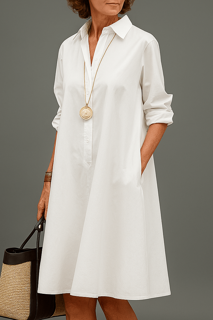 Vestido midi blanco estilo camisero con cuello y botonadura frontal, manga larga