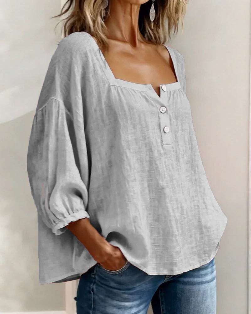 Blusa de lino gris para mujer, cuello cuadrado y botones frontales, manga globo.
