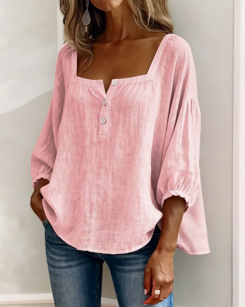 Blusa de lino para mujer rosa claro con botones al centro y mangas abullonadas