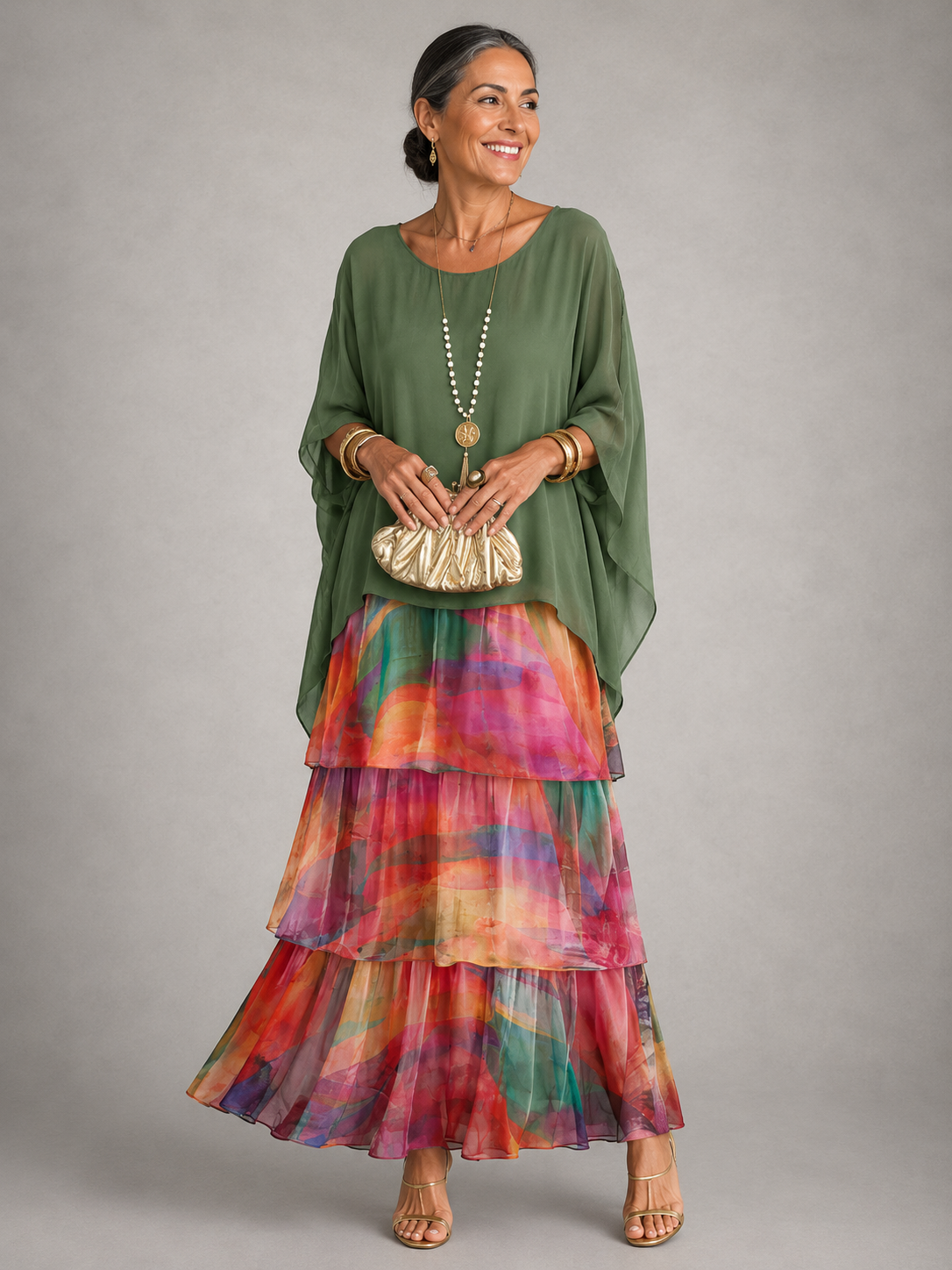 Vestido largo multicolor con volantes escalonados y falda con estampado degradado