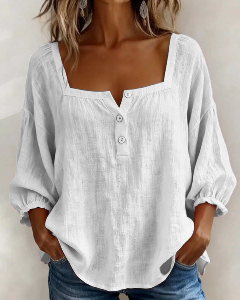 Blusa de lino blanca para mujer, escote cuadrado con botones frontales, manga globo