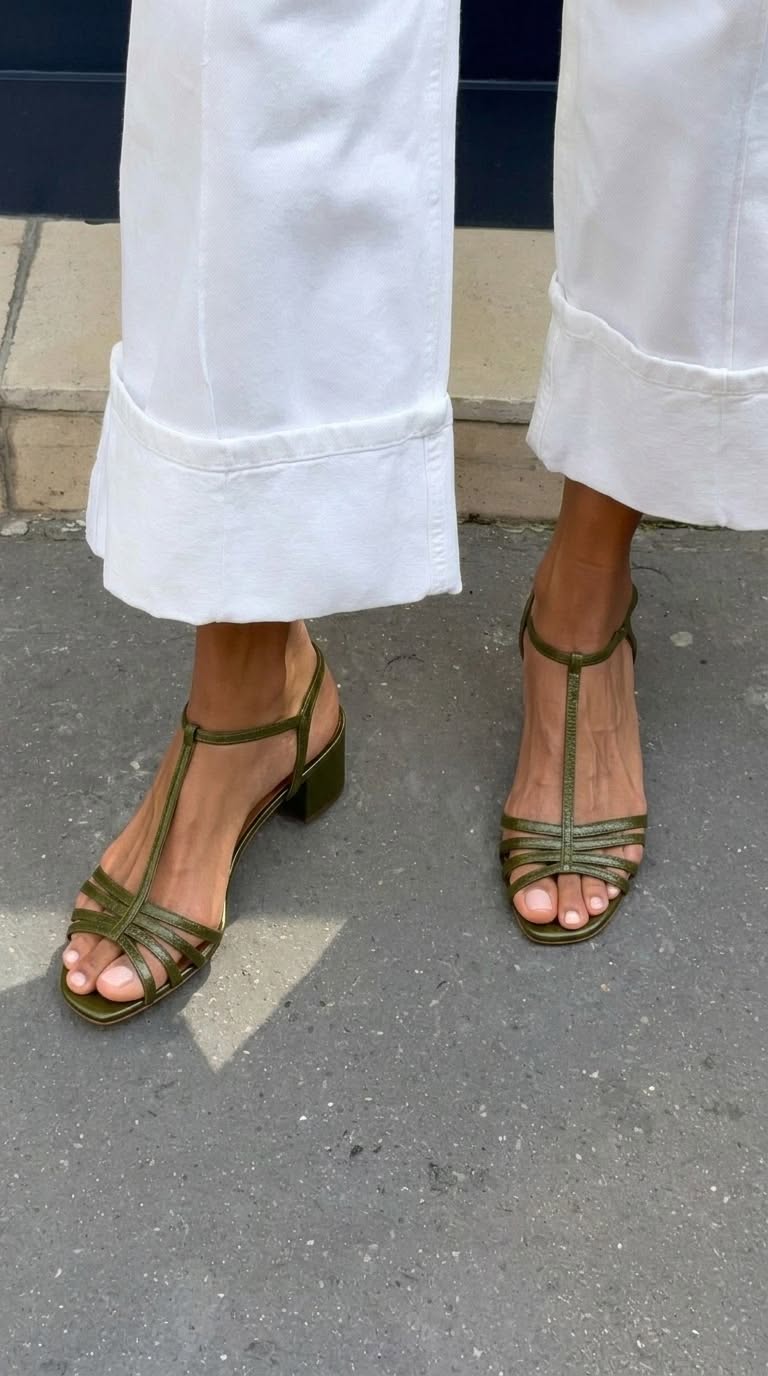 Sandalias de tacón bajo verde oliva con tiras y tacón cuadrado
