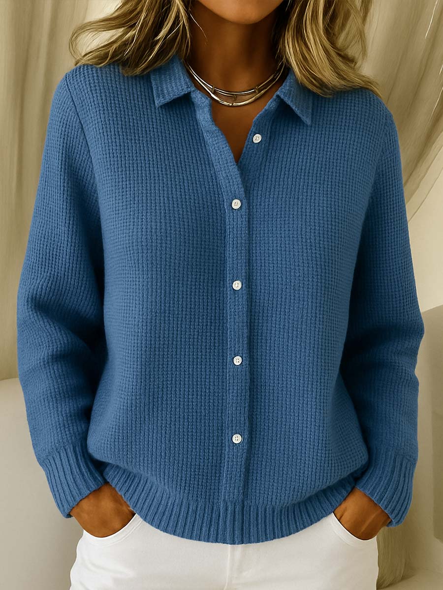 Cárdigan de punto azul con botones y cuello solapa, manga larga
