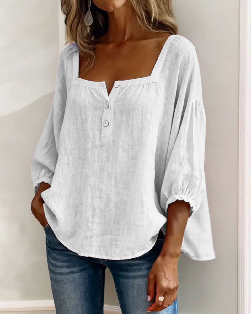 Blanca blusa de lino para mujer con escote cuadrado y botones frontales