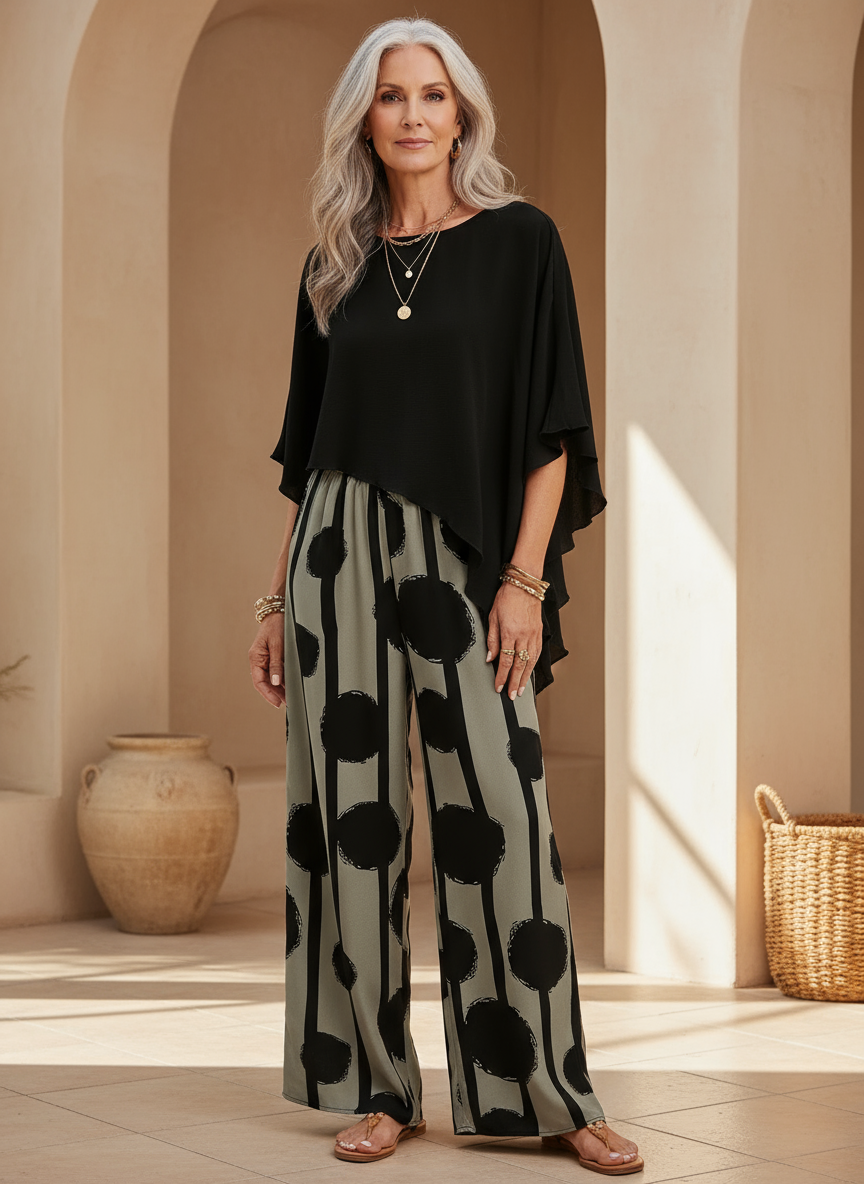 Conjunto boho negro con top asimétrico y pantalón ancho de círculos sobre fondo claro