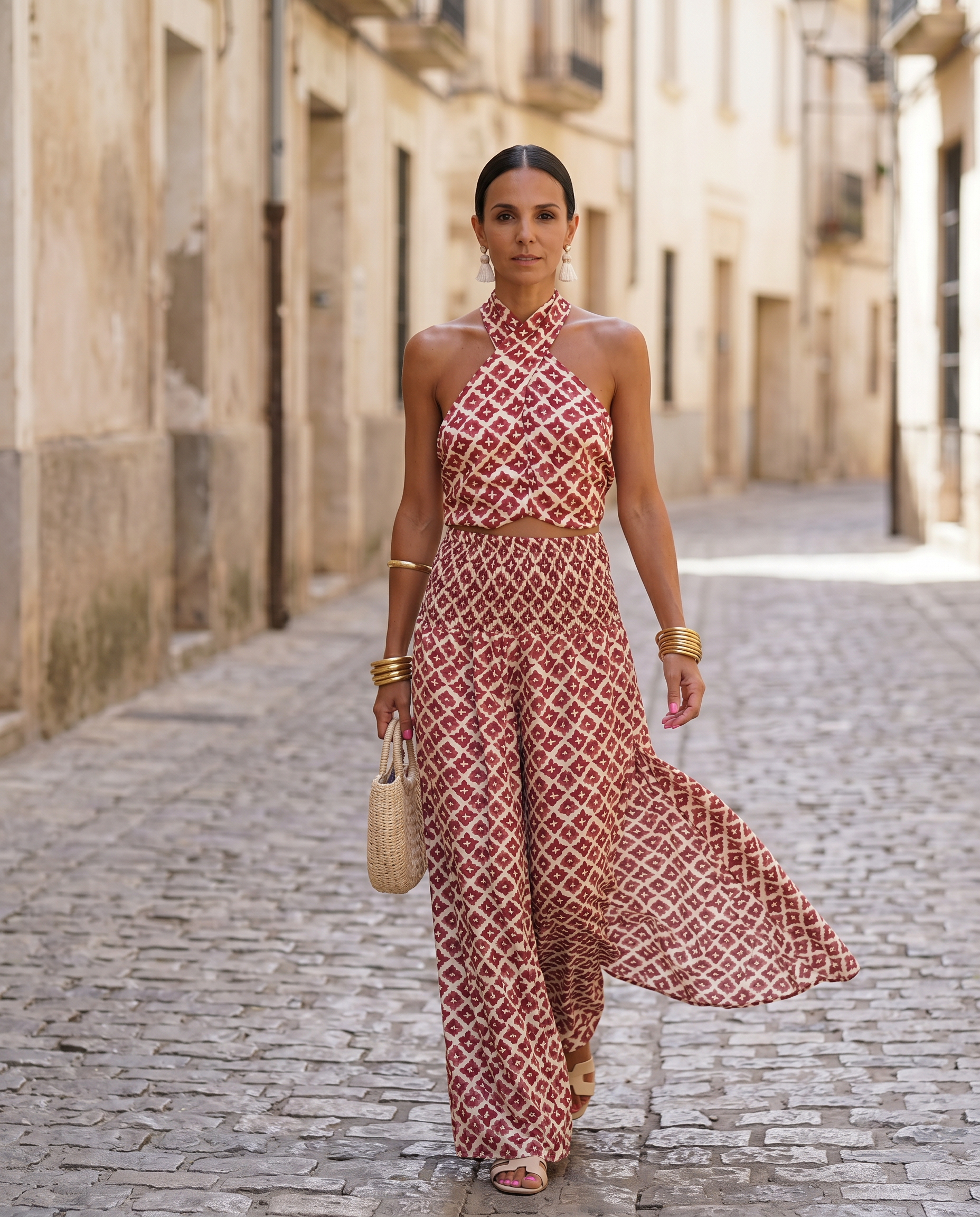 Conjunto de dos piezas con cuello halter, estampado rojo y blanco, falda con abertura.