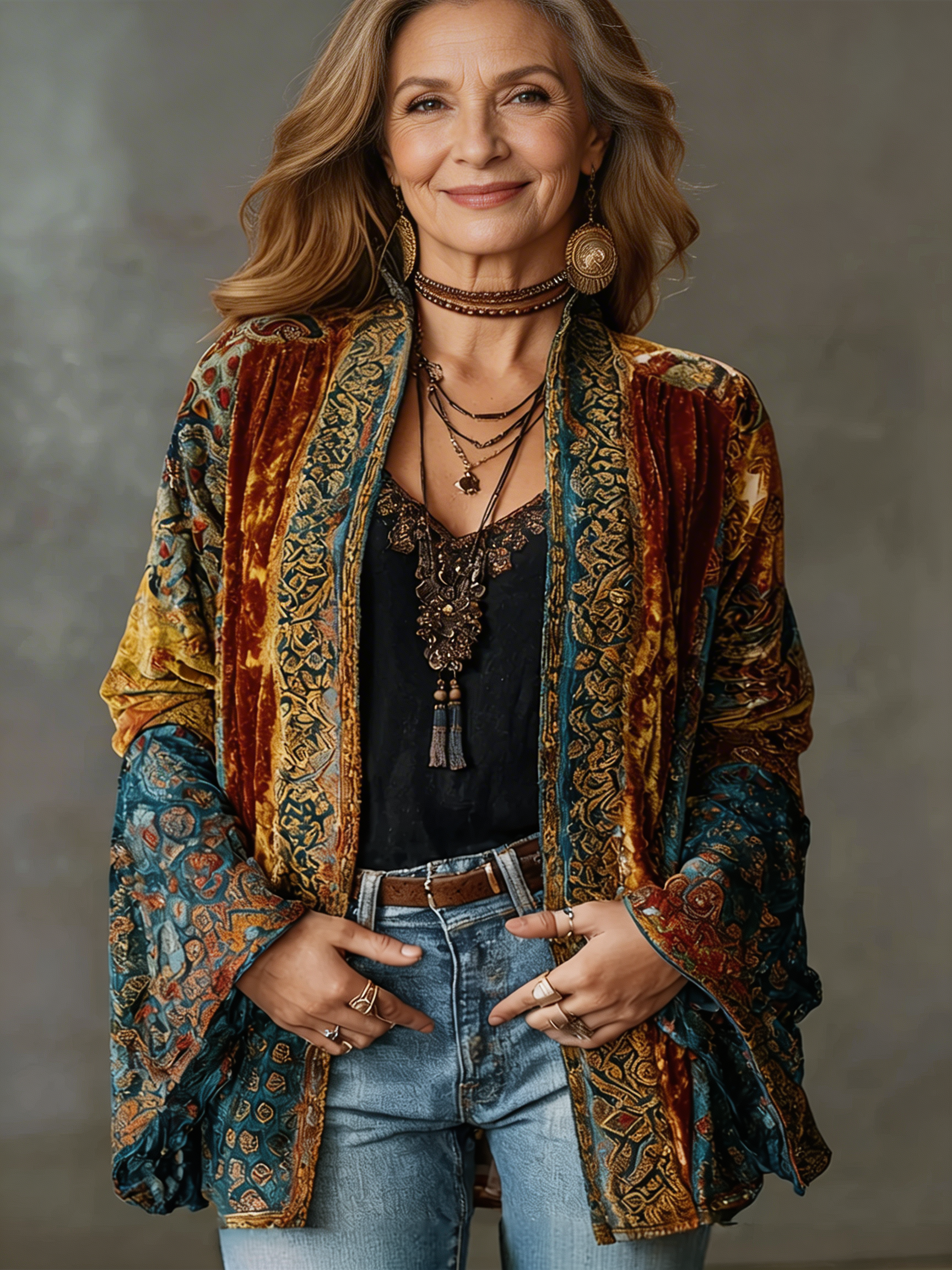 Chaqueta kimono boho bordada burdeos y azul con estampado paisley, manga larga