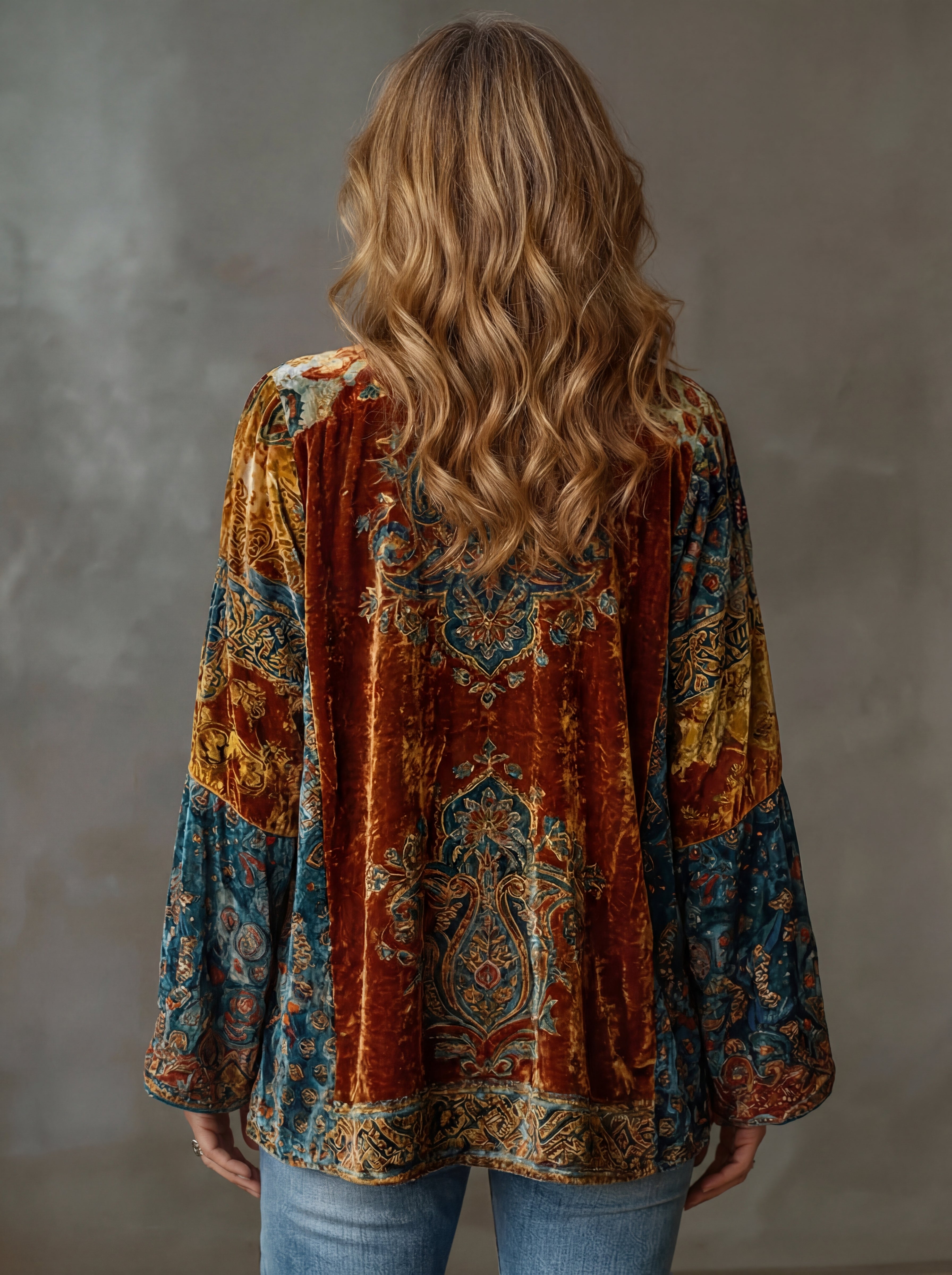 Chaqueta kimono boho bordada burdeos con estampado paisley en la espalda, manga larga