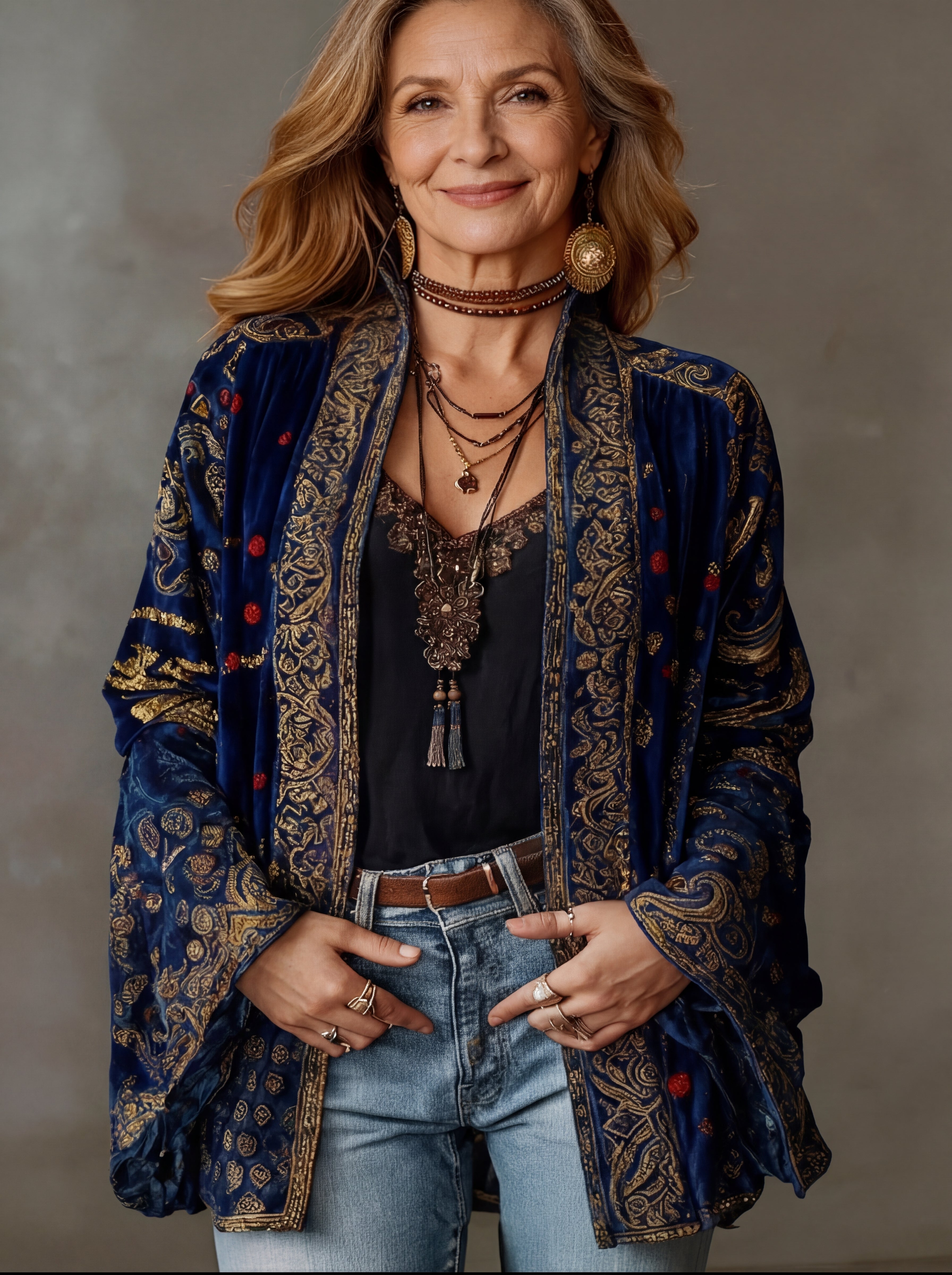 Chaqueta kimono boho bordada azul medianoche con estampado paisley, manga larga