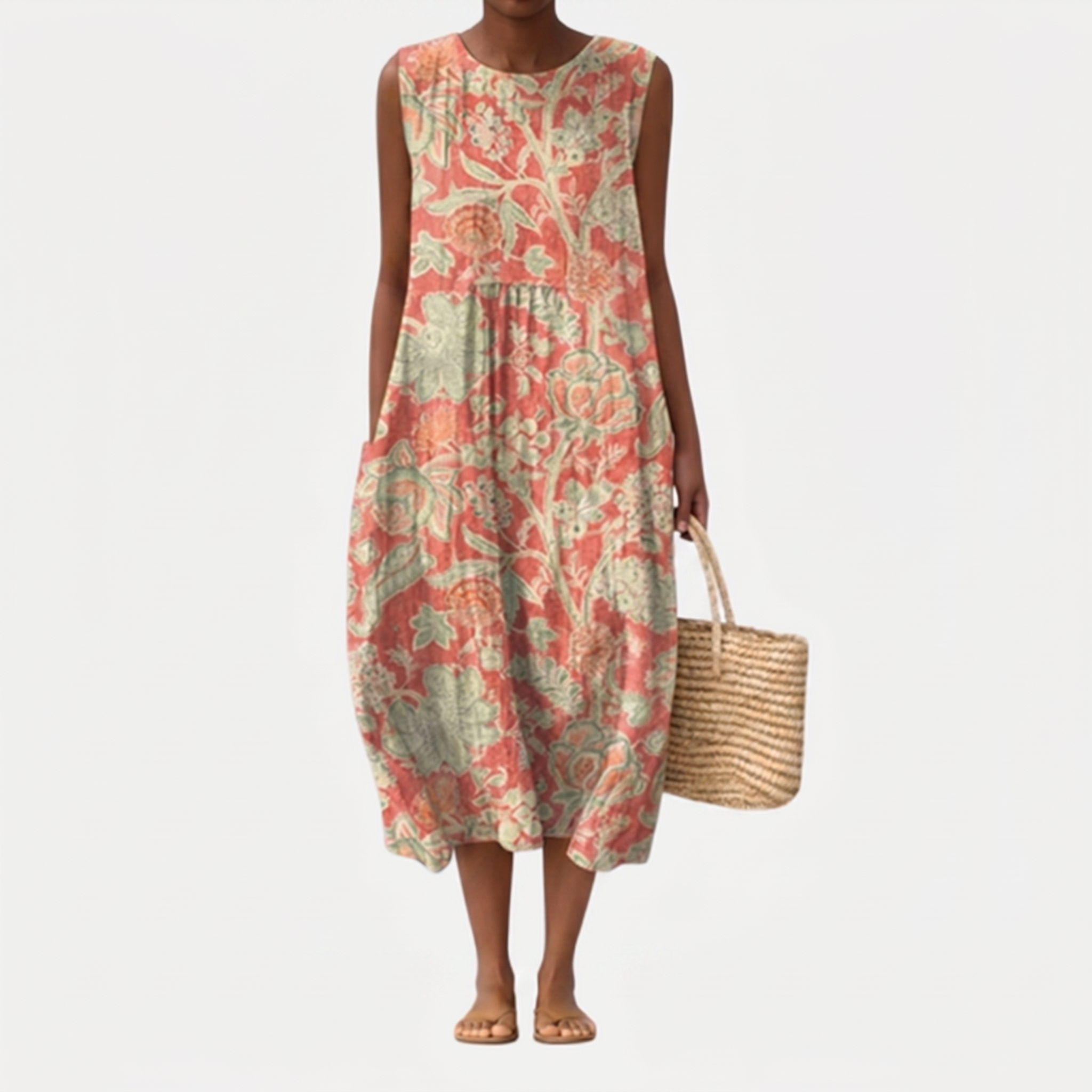Vestido midi sin mangas estampado floral coral y verde, cintura fruncida y dobladillo