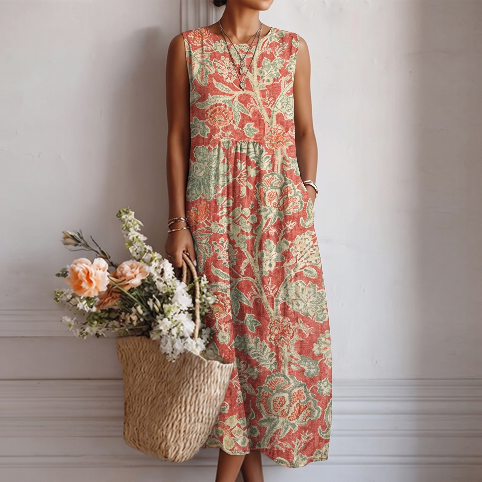 Vestido midi sin mangas estampado floral coral y verde, falda con vuelo y frunces