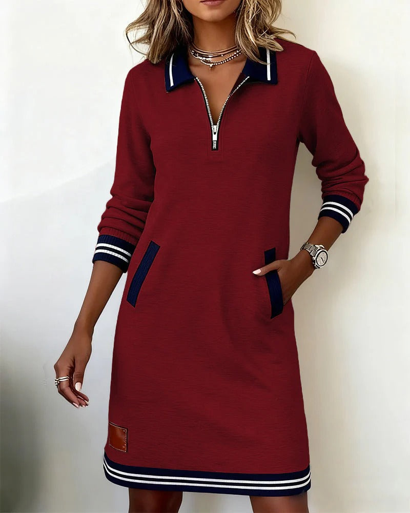 Vestido de algodón rojo con cremallera, cuello marinero y ribetes a rayas en puños