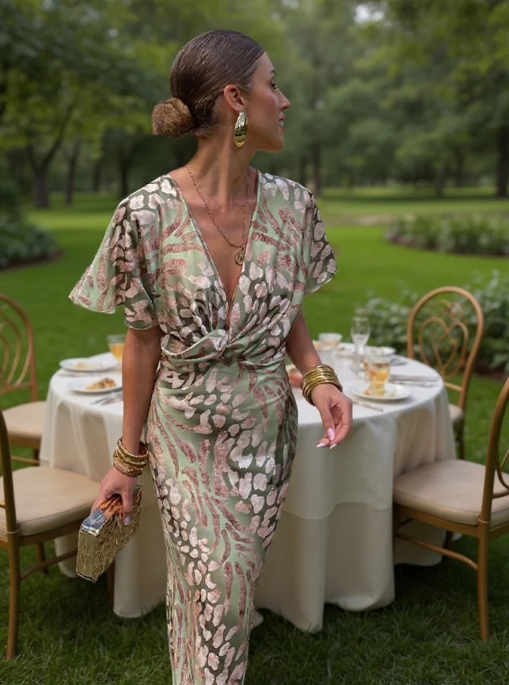 Vestido midi estampado verde menta y cobre, vista lateral con manga globo