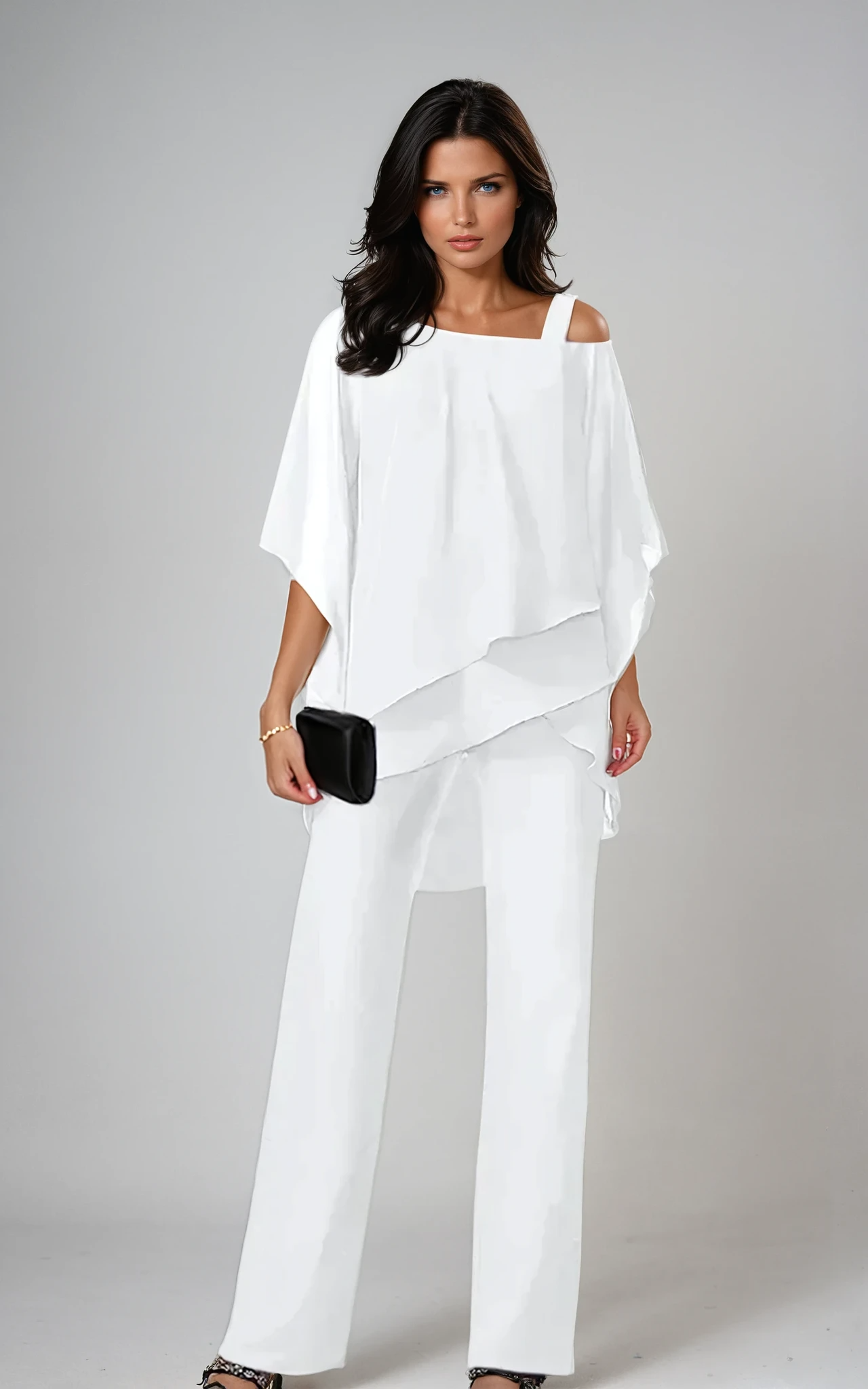 Conjunto de dos piezas blanco: blusa asimétrica con capas y pantalón de pierna ancha