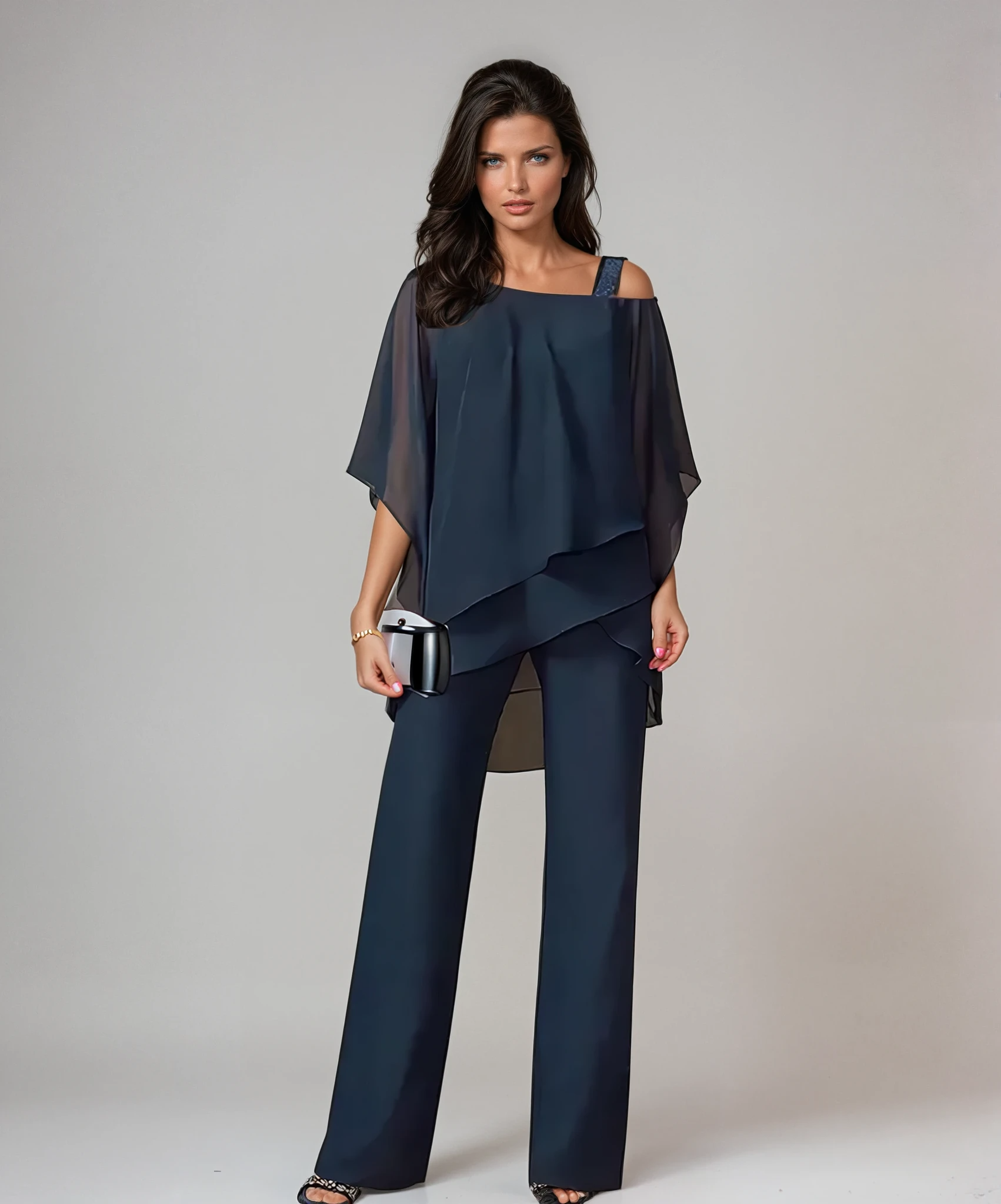 Conjunto de dos piezas azul marino: blusa asimétrica en capas y pantalón de pierna ancha