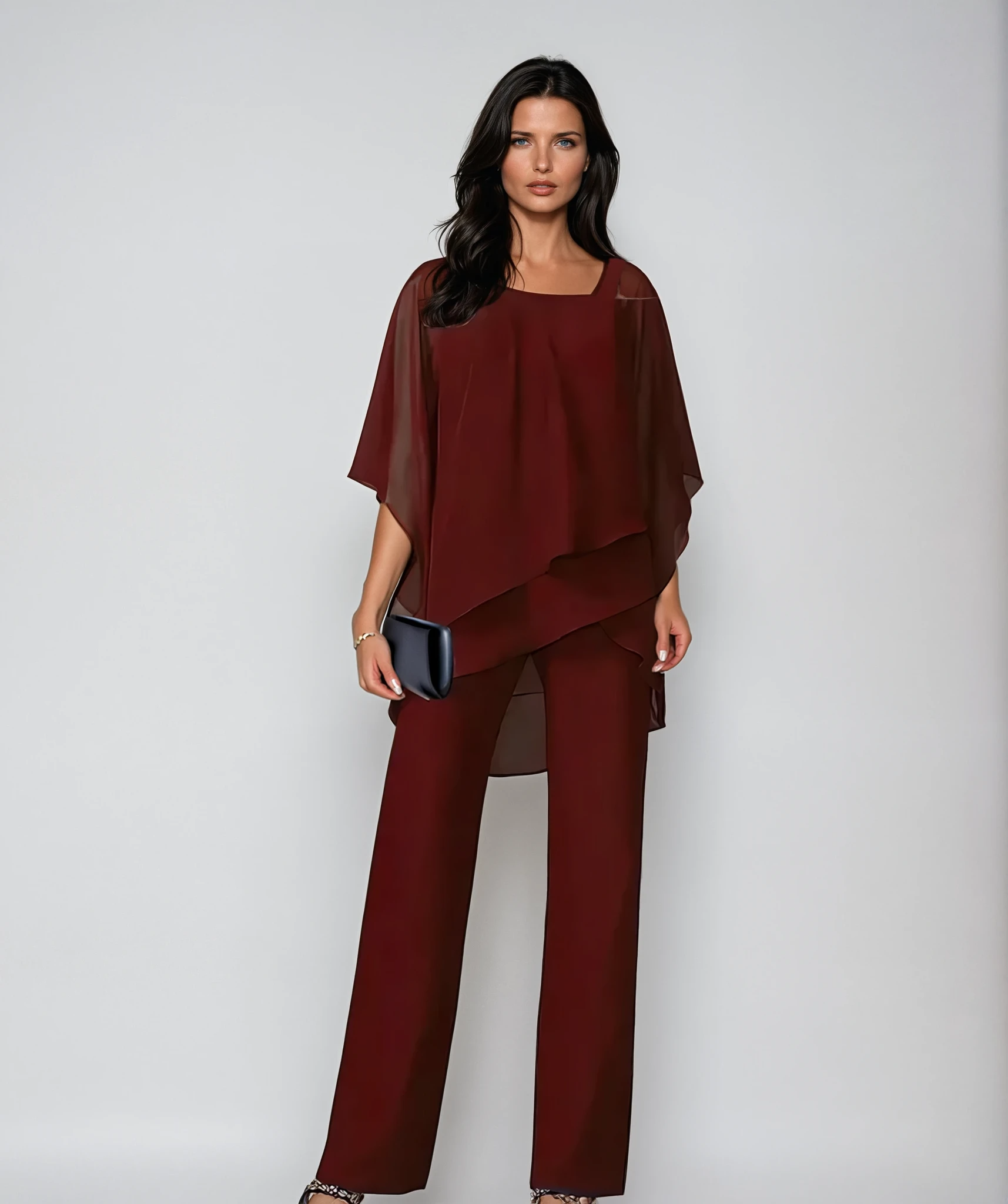 Conjunto de dos piezas burdeos: blusa de capas y pantalón de pierna ancha