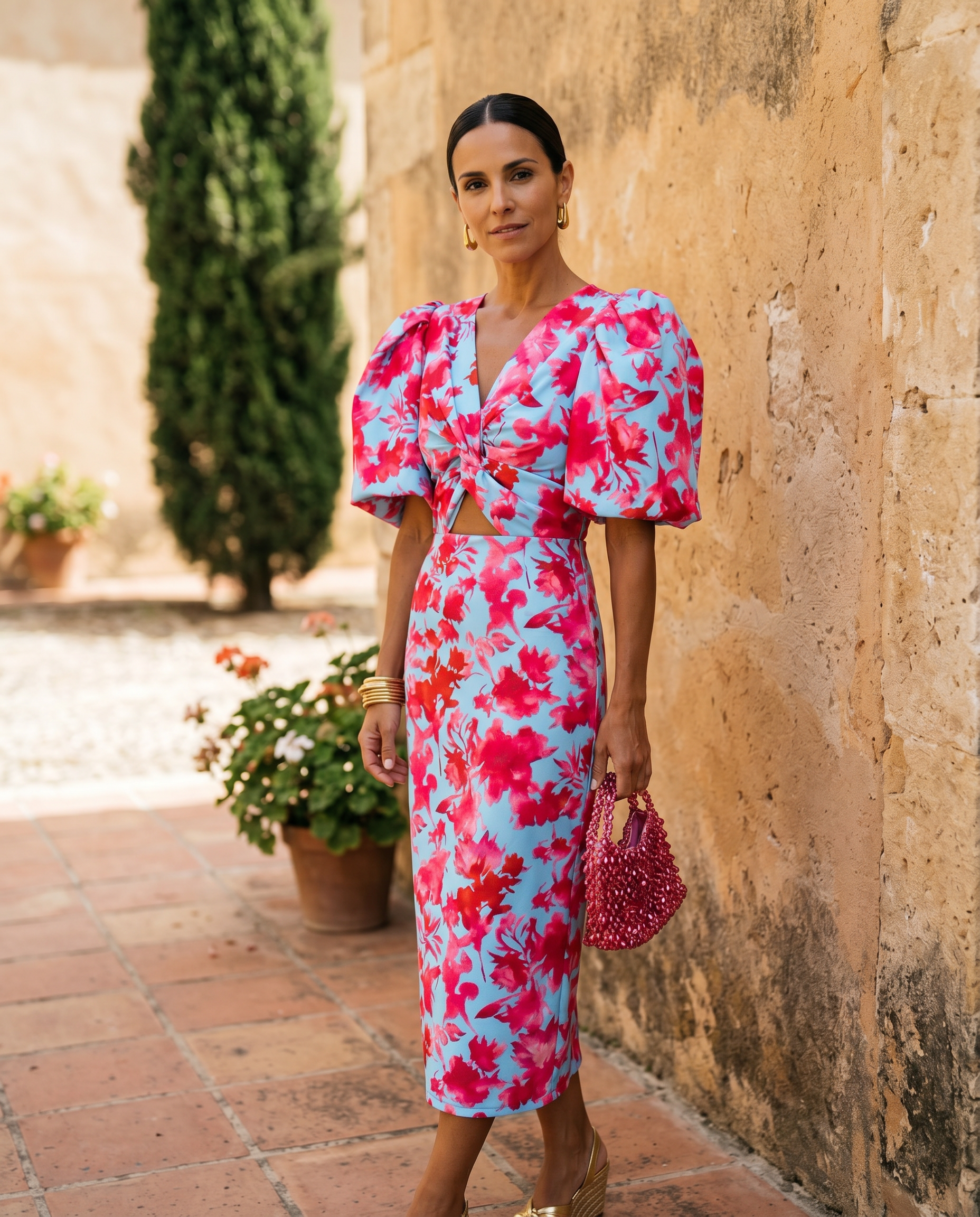 Vestido midi Carla™ con escote en V cruzado y mangas globo, estampado fucsia y blanco