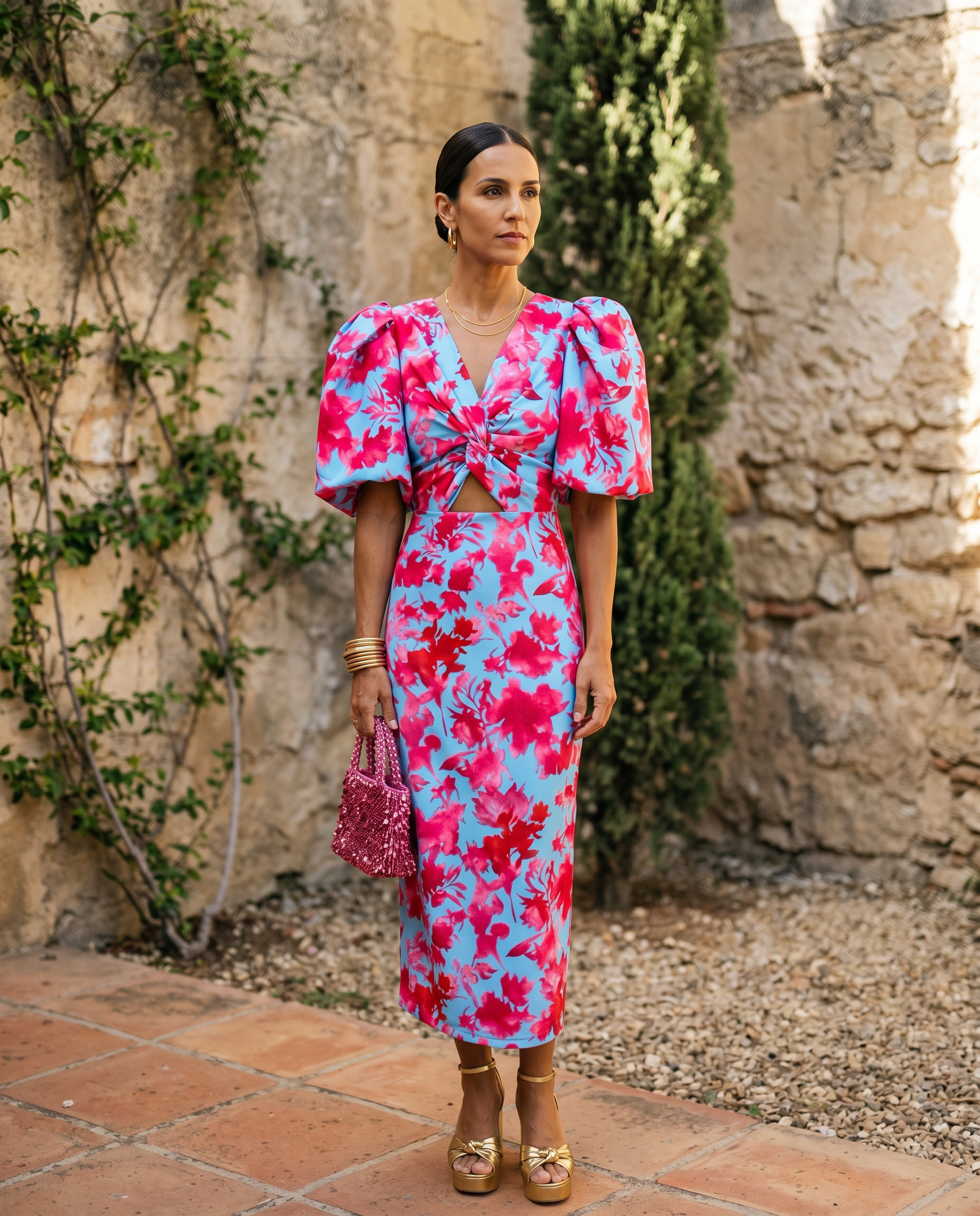 Vestido midi Carla™ estampado fucsia y blanco con escote cruzado y mangas globo