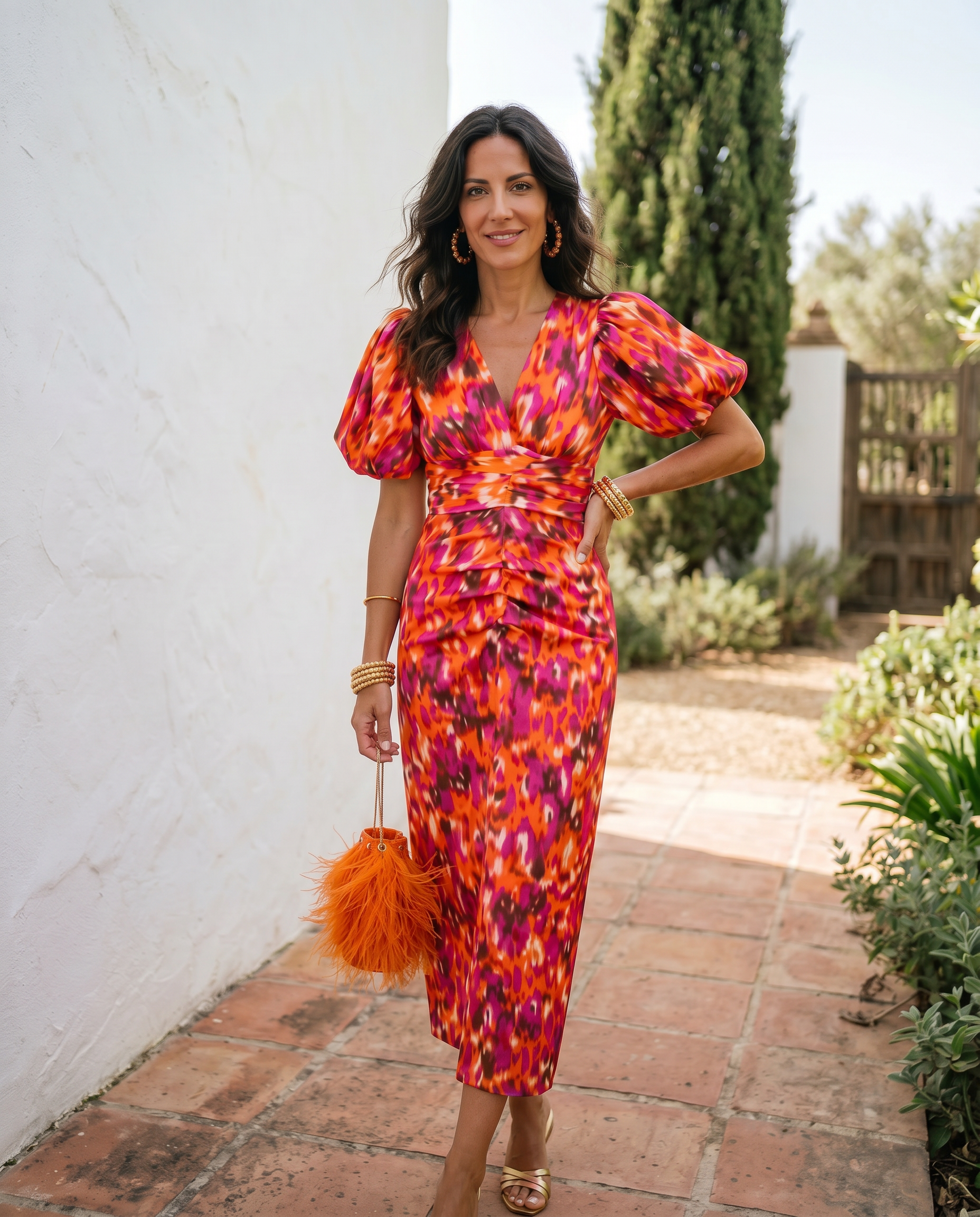 Vestido midi Carla™ de lado con escote cruzado y mangas abullonadas, estampado naranja y morado