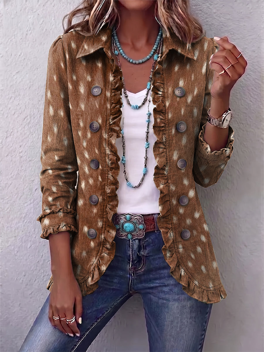Chaqueta marrón estampado animal con volantes y botones frontales