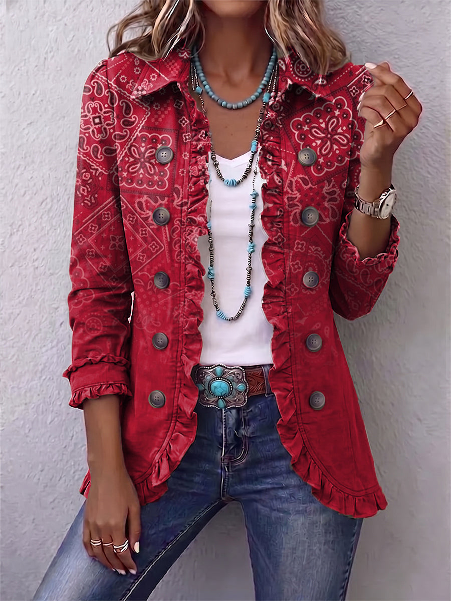 Chaqueta Clotilde roja con botones, estampado degradado y volantes en el borde