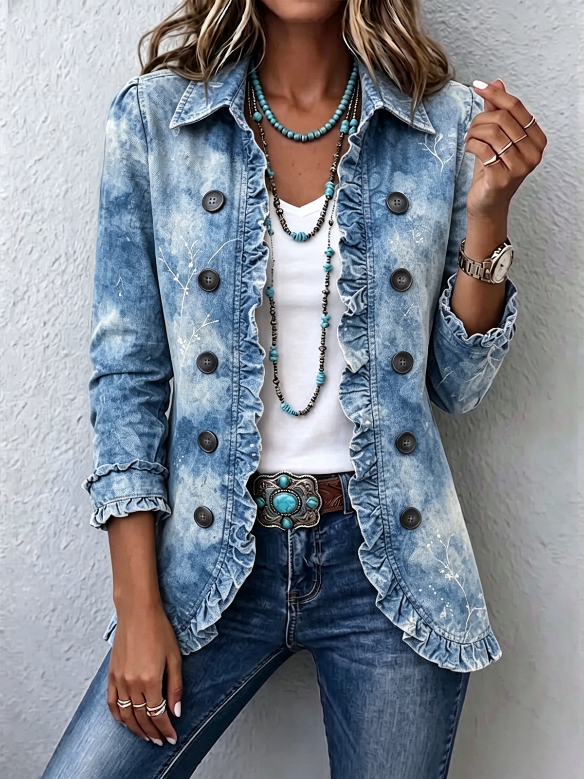 Chaqueta vaquera azul degradado con botones y volantes en el frente