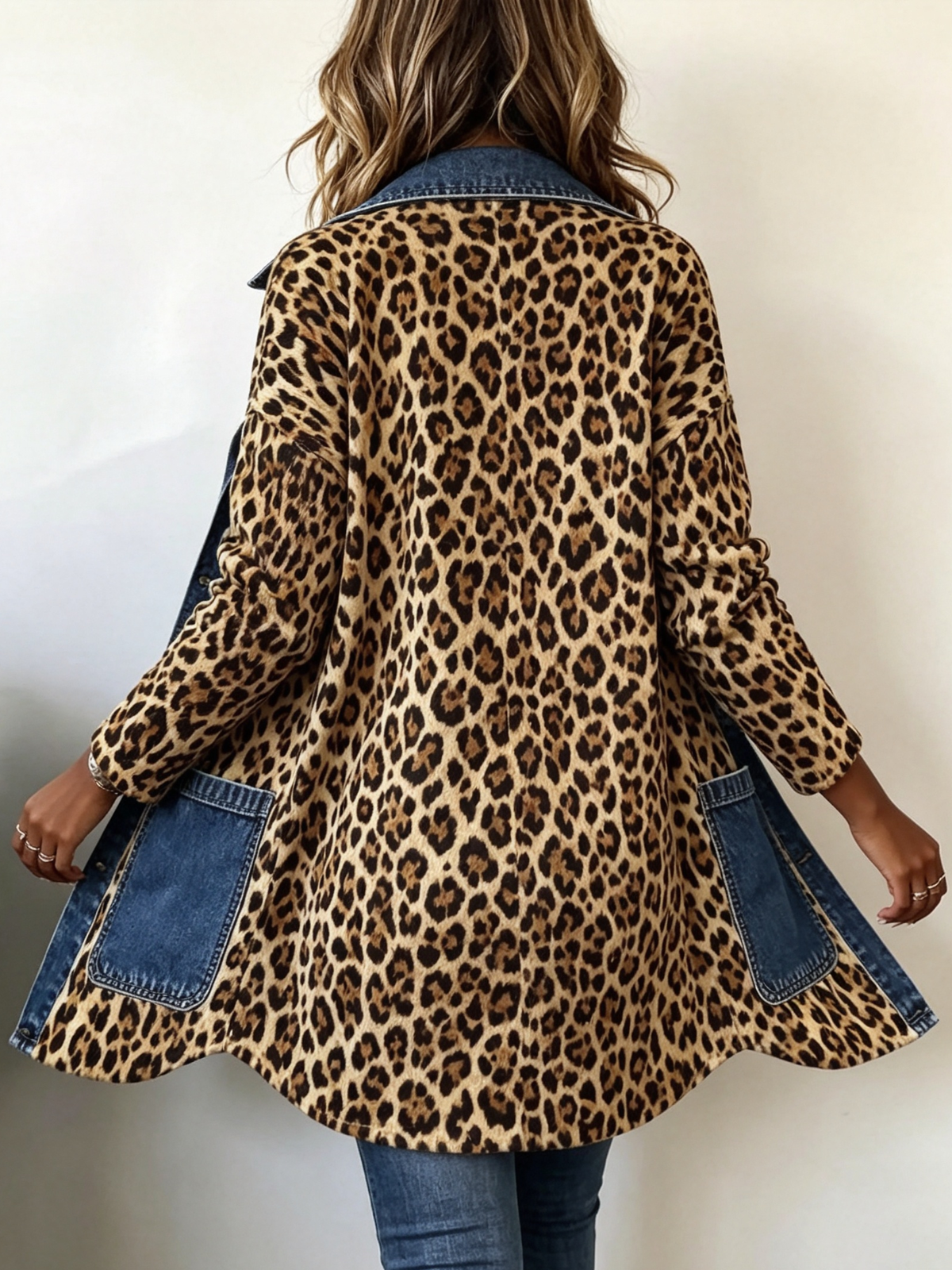 Chaqueta larga leopardo con panel trasero completo y bolsillos vaqueros