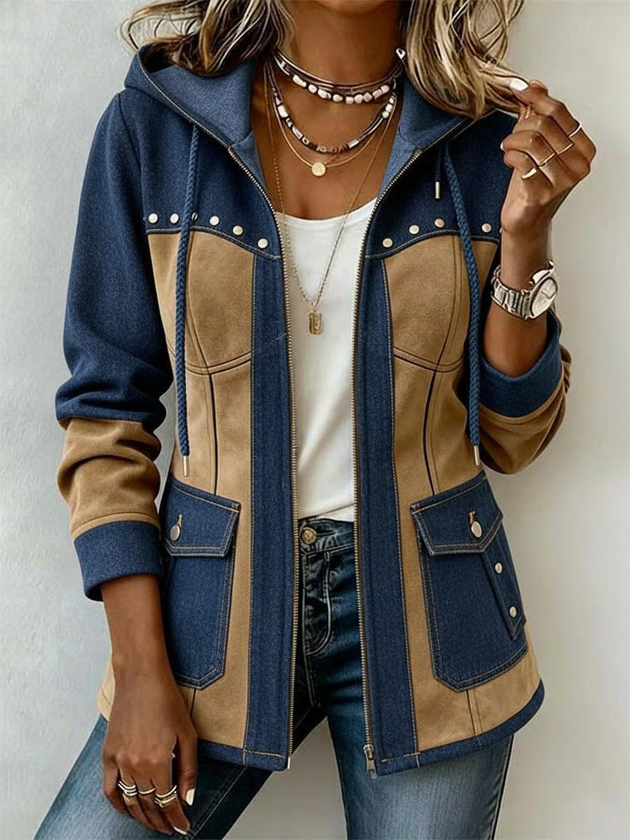 Chaqueta con capucha patchwork azul oscuro/beige, bolsillos frontales y cierre