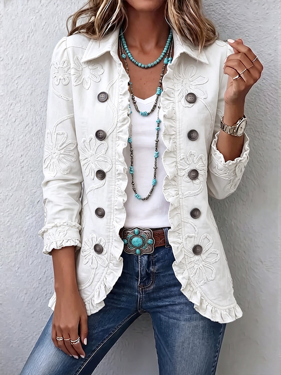 Chaqueta bordada marfil con volantes, mangas largas, botones y apliques florales